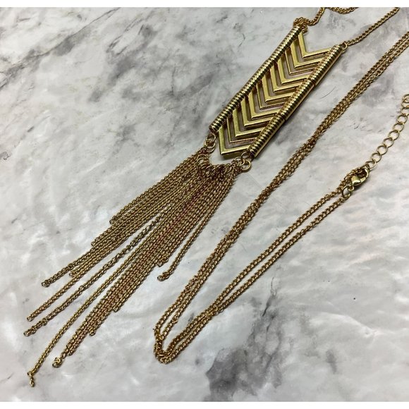 Vintage Chevron Arrows Statement Necklace Gold Tone Long Tassle Chain - Picture 3 of 8